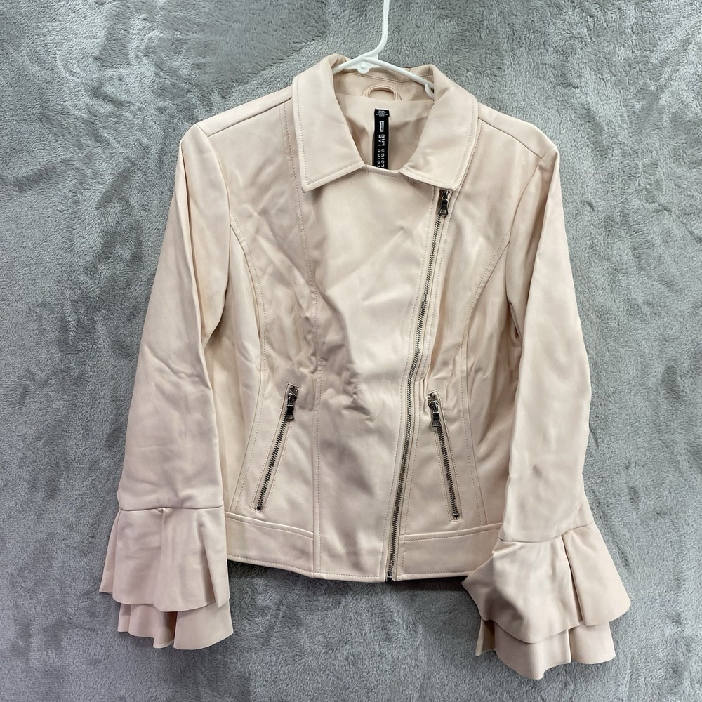 Design Lab Lord & Taylor Women M Blush Pink Faux Leather Ruffle Moto Jacket